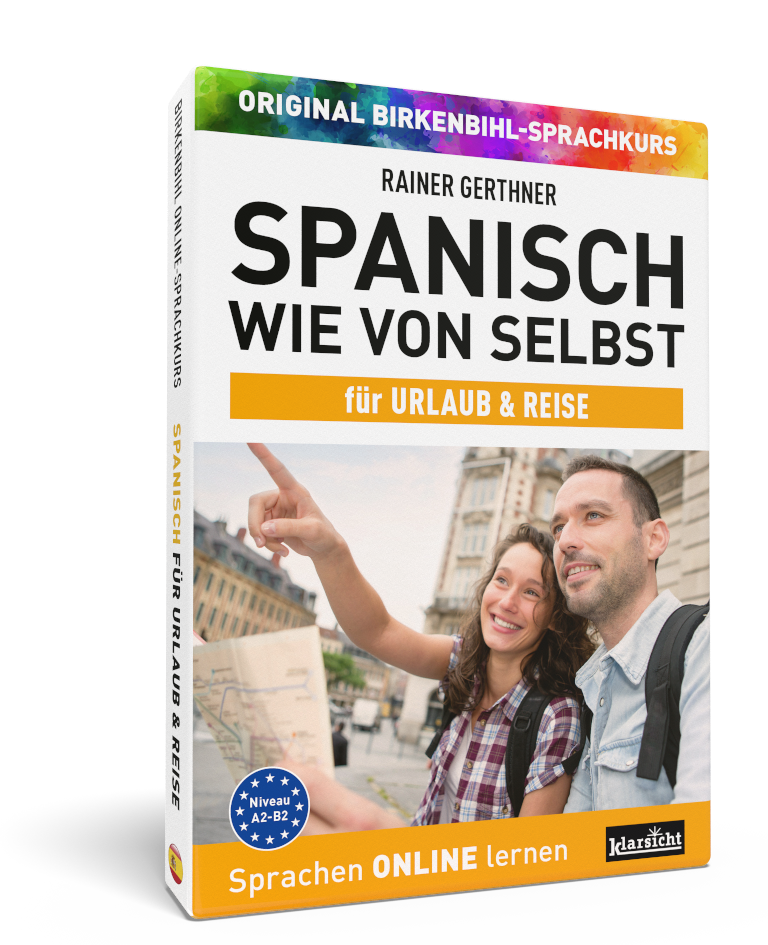 Der erfolgreiche Birkenbihl Online-Sprachkurs Spanisch wie von selbst fuer Urlaub und Reise mit einem gluecklichen Paar, die sich Sehenswürdigkeiten ansehen auf dem Titelbild.