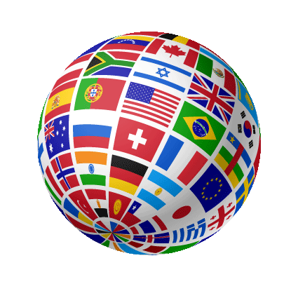 Darstellung der internationalen Kommunikation anhand eines Globus voller unterschiedlicher Flaggen.