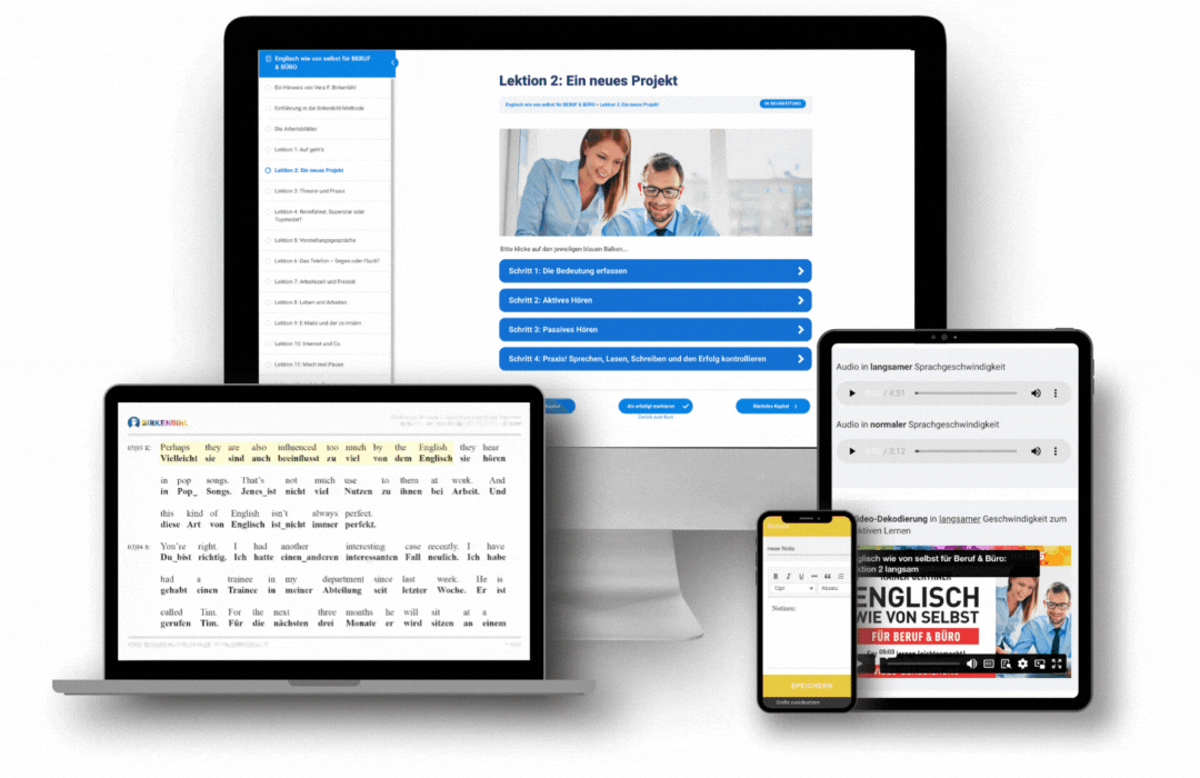 Original Vera Birkenbihl Online Sprachkurs Englisch Beruf PC | Klarsicht Verlag Übersicht der Endgeräte für den Original Birkenbihl Online Sprachkurs Englisch für Beruf und Büro mit einem Beispiel der Dekodierung.